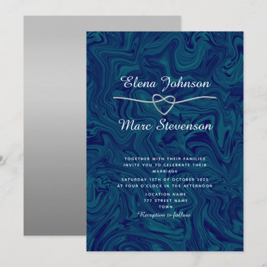 Luxury Marbled Silver Blue Wedding Einladung (Vorne/Hinten)