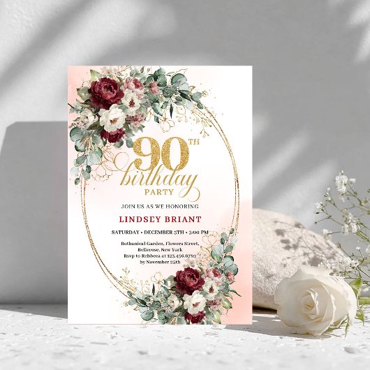 Luxury Maroon Peonies Eucalyptus 90th Birthday  Einladung