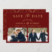 Luxury Maroon Red Gold | Brush Stroke 2 Foto Save The Date (Vorne/Hinten)