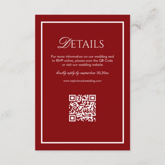 Luxury Maroon Wedding Details Qr Code Begleitkarte (Vorderseite)