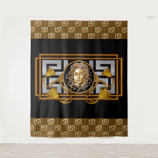 Luxury Medusa Black & Gold Tapestry Wandteppich (Vorderseite)