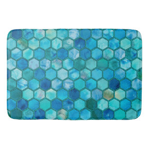 Luxury Metal Foil Glitzer Aqua Blue Honeycomb Badematte