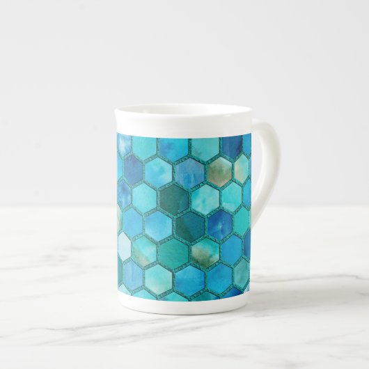 Luxury Metal Foil Glitzer Aqua Blue Honeycomb Porzellantasse (Vorderseite Rechts)