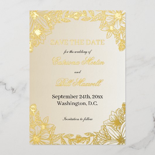 Luxury Metallic Gold Floral Save The Date Card Folieneinladung (Vorderseite)