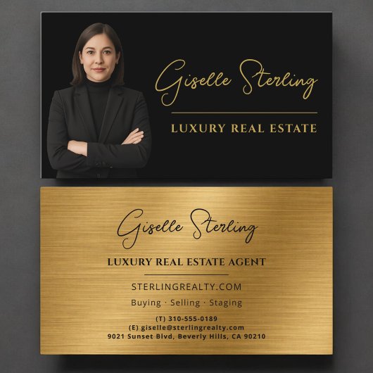 Luxury Metallic Real Estate Black Gold Script Visitenkarte