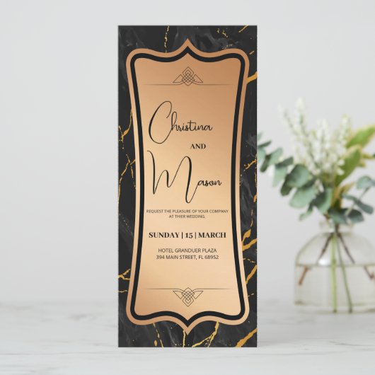 Luxury Metallic | Schwarzer Goldmarmor Einladung (Stehend Vorderseite)