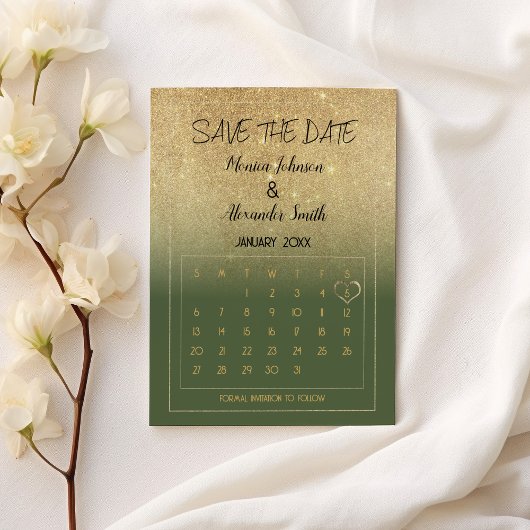Luxury Mint Gold Glitter Calendar Save the Date Ankündigungspostkarte