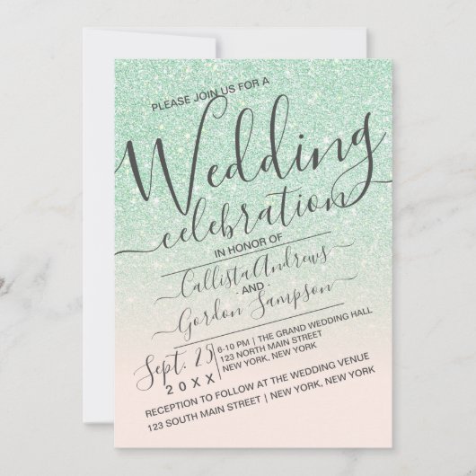 Luxury Mint Pink Funkelnd Glitzer Ombre Wedding Einladung (Vorderseite)