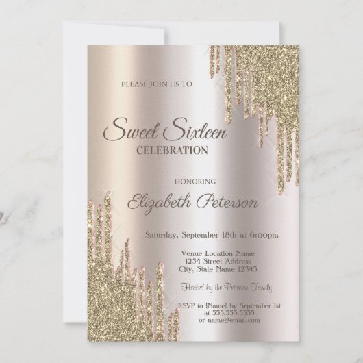 Luxury Modern Glitter Drips Gold Sweet 16 Einladung (Vorderseite)