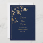 Luxury modern gold floral navy blue Save The Date Einladung (Vorderseite)