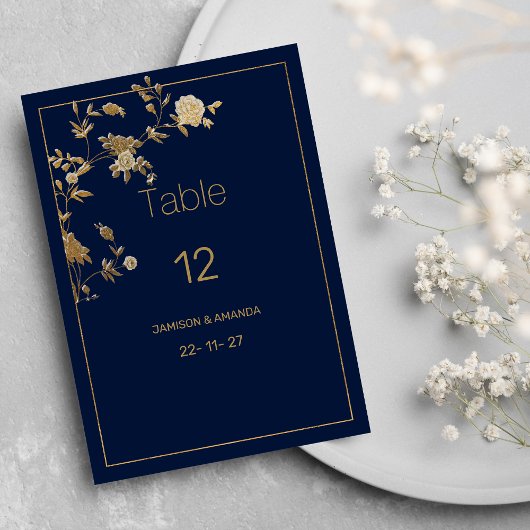 Luxury modern gold floral navy blue Table Numbers Einladung