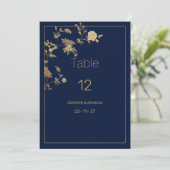 Luxury modern gold floral navy blue Table Numbers Einladung (Stehend Vorderseite)