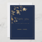 Luxury modern gold floral navy blue Thank You Einladung (Vorderseite)