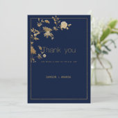 Luxury modern gold floral navy blue Thank You Einladung (Stehend Vorderseite)