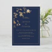 Luxury modern gold floral navy blue Wedding Einladung (Stehend Vorderseite)