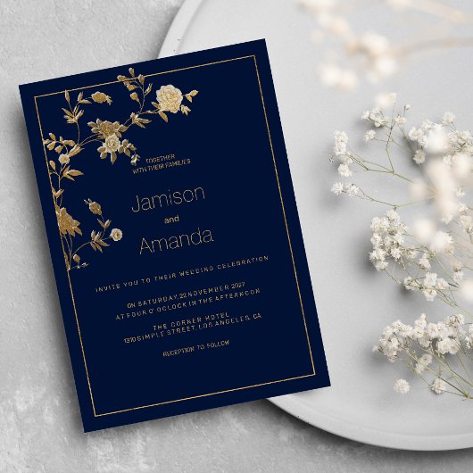 Luxury modern gold floral navy blue Wedding Einladung