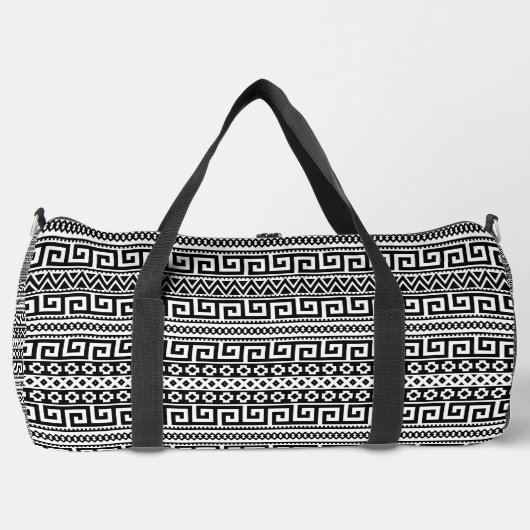 Luxury Monochrome Ancient Greek Aztec Maze Linear Duffle Bag (Vorderseite)