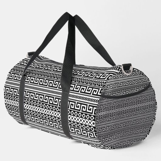Luxury Monochrome Ancient Greek Aztec Maze Linear Duffle Bag (Rechte Ecke)