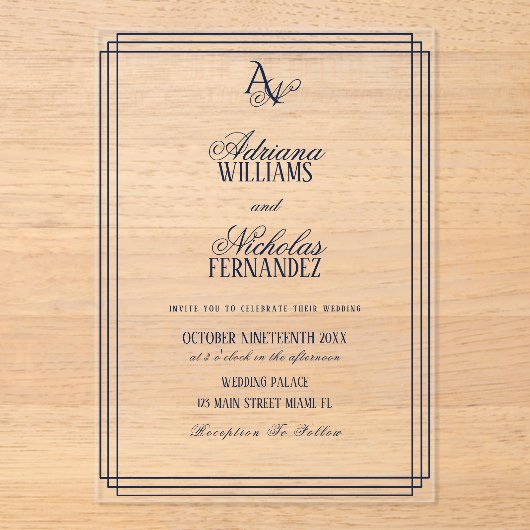 Luxury Monogram Blue Wedding Acryleinladungen (Vorderseite)