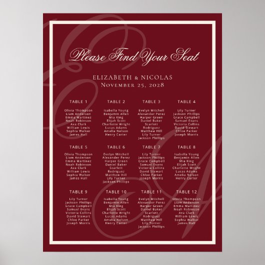 Luxury Monogram Deep Red Wedding Seating Chart Poster (Vorne)