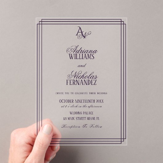 Luxury Monogram Purple Wedding Acryleinladungen (Insitu (Handheld))