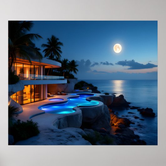 Luxury Moonlit Villa – Modern Ocean Night Aestheti Poster (Vorne)