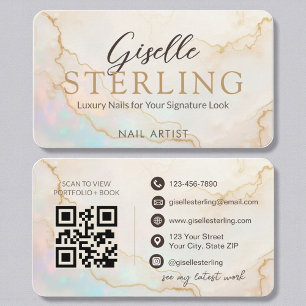 Luxury Nail Artist Pearl Opal Gold Script Visitenkarte