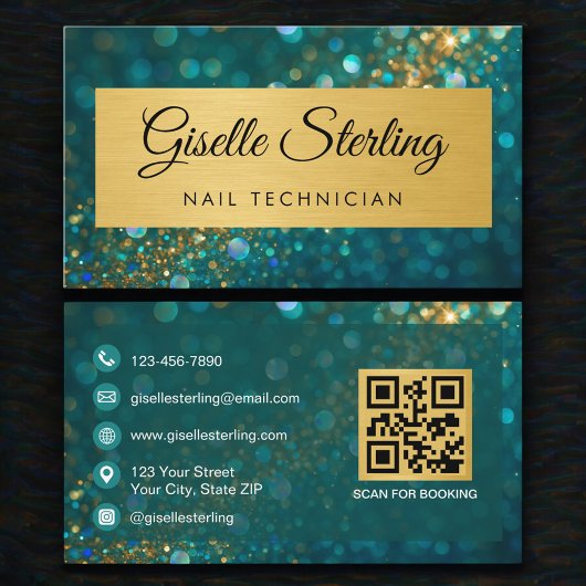 Luxury Nail Technician Gold Teal Glitter QR Code Visitenkarte