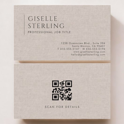 Luxury Natural Brown Linen QR Code Visitenkarte