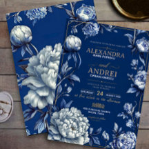 Luxury Navy Blue and Gold Elegant Floral Chinoiser