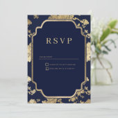 Luxury navy blue and gold floral RSVP Einladung (Stehend Vorderseite)