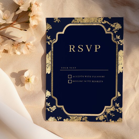 Luxury navy blue and gold floral RSVP Einladung