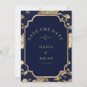 Luxury navy blue and gold floral Save the Date Einladung (Vorderseite)