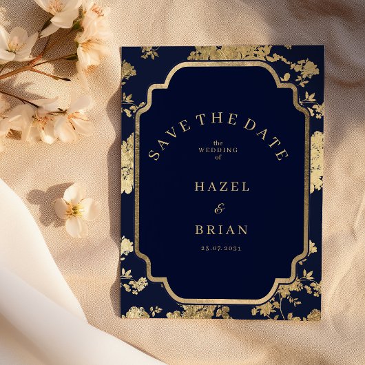 Luxury navy blue and gold floral Save the Date Einladung