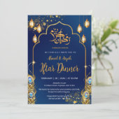 Luxury Navy Blue and Gold Peacock Ramadan Iftar Einladung (Stehend Vorderseite)