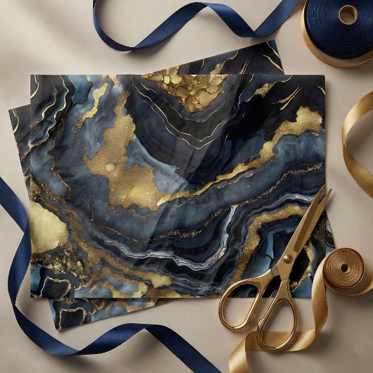 Luxury Navy Blue Black Faux Gold Marble Agate Seidenpapier