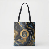 Luxury Navy Blue & Gold Agate Marble Monogram Tasche (Vorderseite)