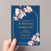 Luxury Navy Blue Gold Arch Magnolia Wedding Acryleinladungen (Insitu (Handheld))