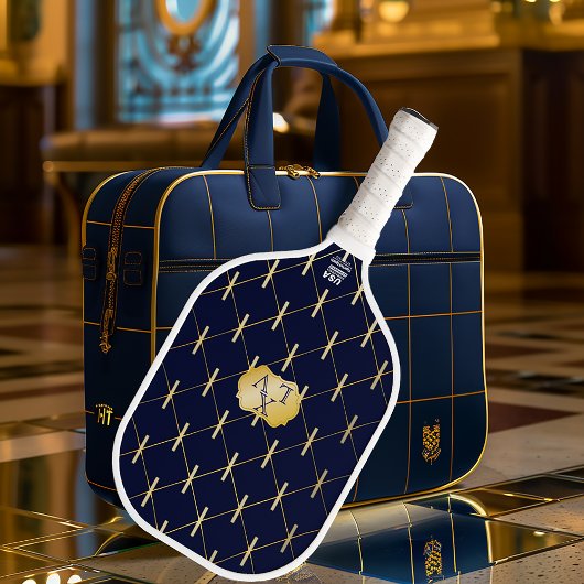 Luxury Navy Blue & Gold Lattice Monogram Pickleball Schläger