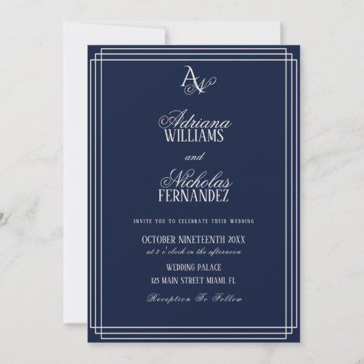 Luxury Navy Blue Monogram Wedding Einladung (Vorderseite)