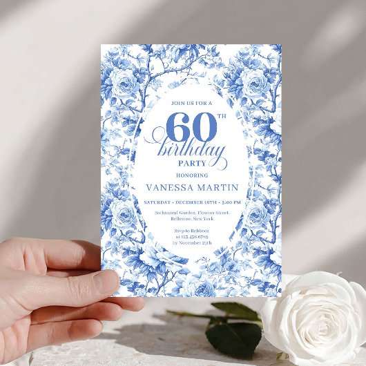 Luxury Navy Blue Roses Toile 60th Birthday Invite Einladung