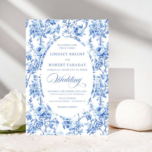 Luxury Navy Blue Toile Rose Floral Wedding Invite Einladung
