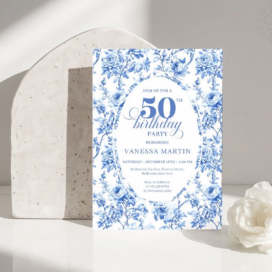 Luxury Navy Blue Toile Roses 50th Birthday Invite Einladung