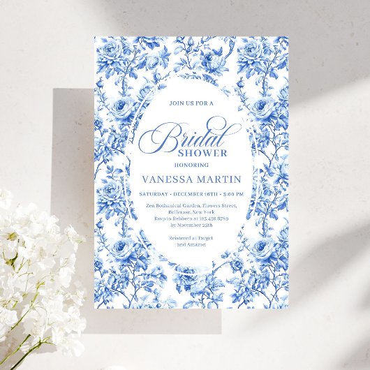 Luxury Navy Blue Toile Roses Bridal Shower Invites Einladung