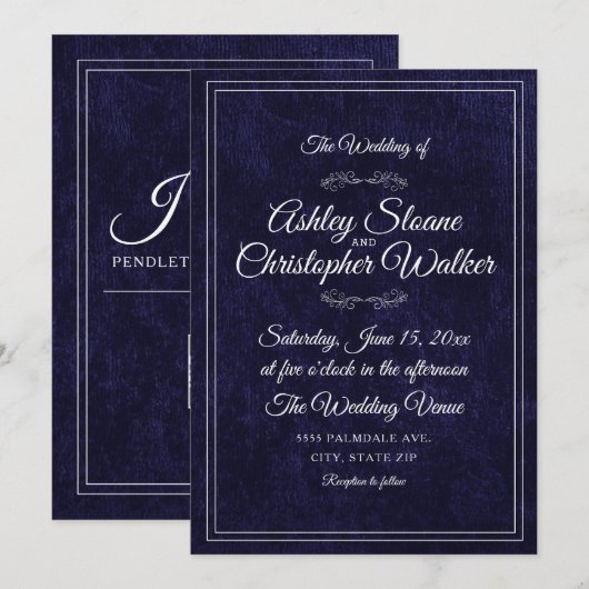 Luxury Navy Blue Velvet White Monogram QR code Einladung (Vorne/Hinten)