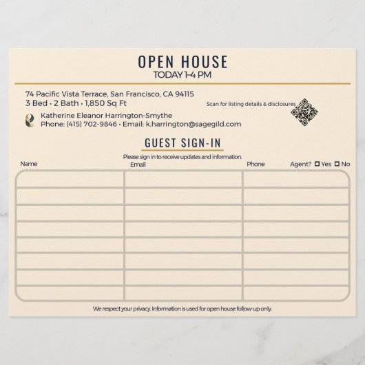 Luxury Navy/Cream Open House Both Sides Sign-In Flyer (Vorne)