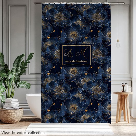 Luxury Navy Gold Floral Pattern Curtain Bathroom Duschvorhang
