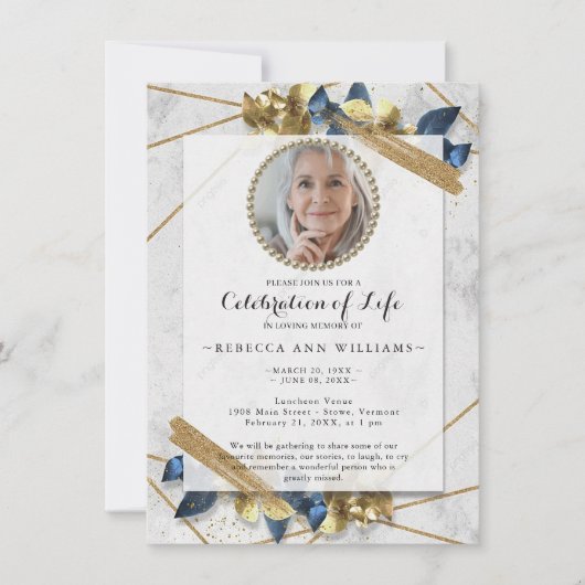 Luxury Navy Gold Foto Celebration of Life Einladung (Vorderseite)