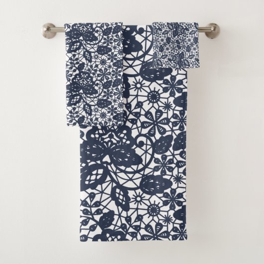 LUXURY NAVY WHITE LACE BADEZIMMER TOWEL SET (Insitu)
