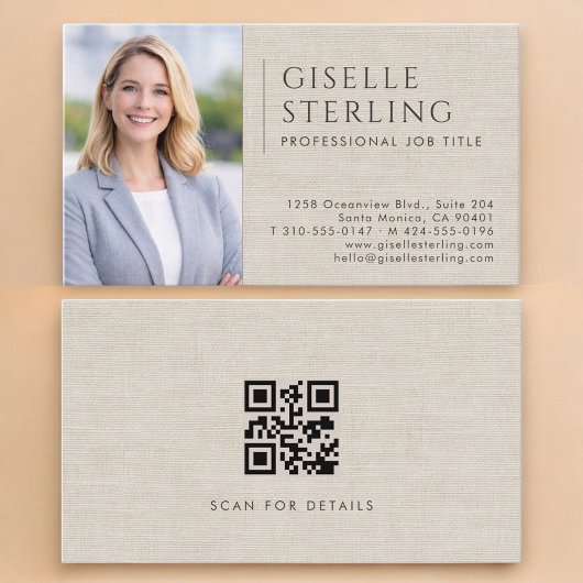 Luxury Neutral Linen Photo QR Code Visitenkarte